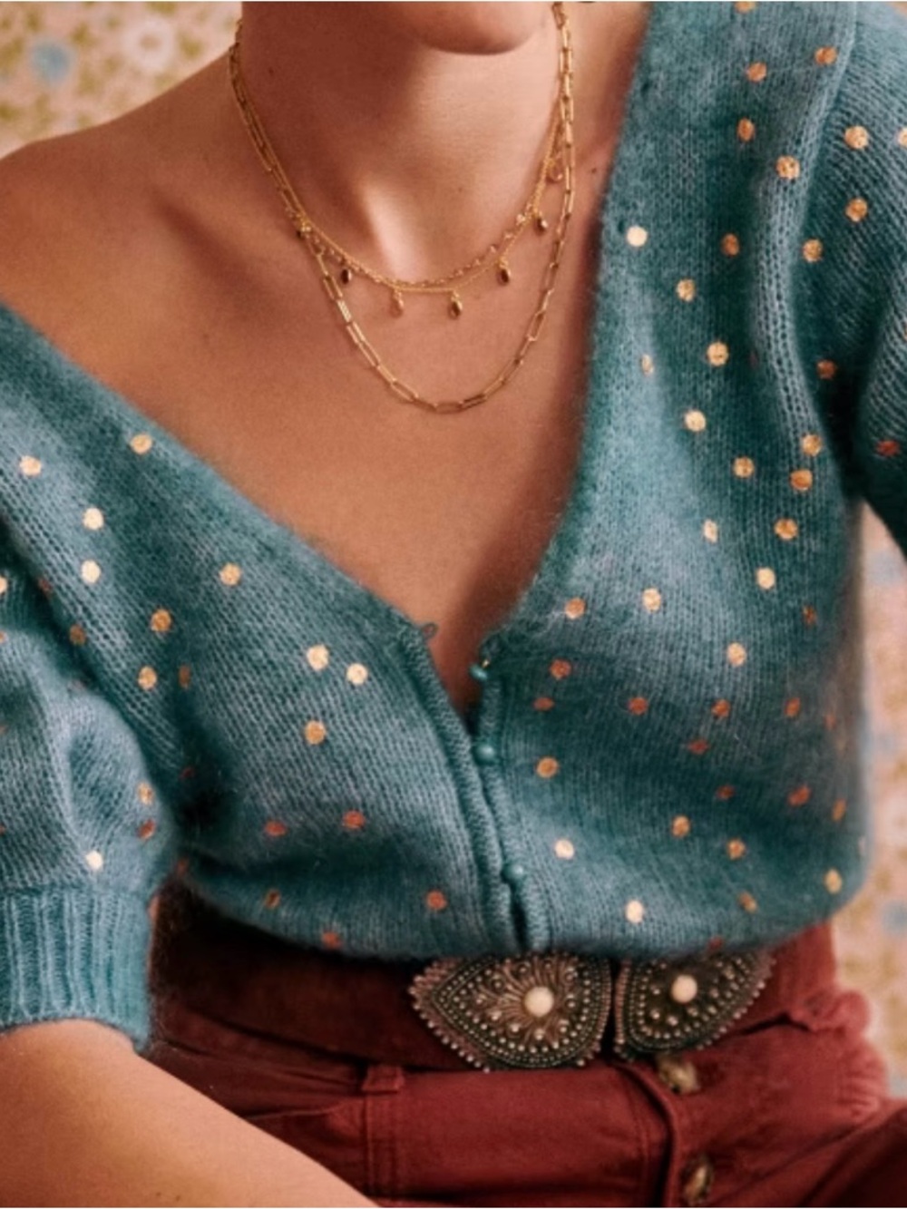 Sezane Teal Blue Gold Polka Dot Short Sleeve Knit Sweater Size XS NWOT - Picture 3 of 9